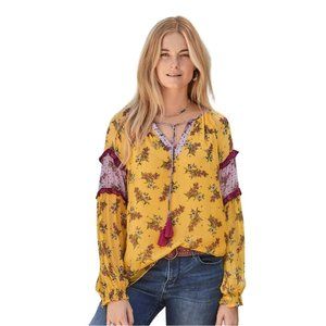 Sundance Pheasant Tunic Blouse Top Size XL Long Sleeve Floral  Mustard Yellow